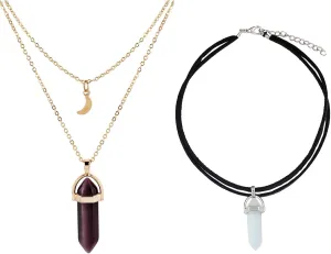 tenghong2021 2 Pcs Layered Choker Hexagonal Gemstone Pendant Necklaces Set Boho Multi-Layer Moon Pendant Necklace Natural Stone Chakra Suede Choker Necklace Gothic Retro Moon Multilayer Chain