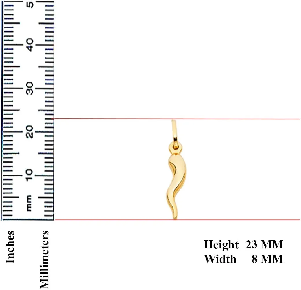 TGDJ 14k Yellow Gold Cornicello Italian Horn Charm Pendant - Height 30 MM Width 6 MM