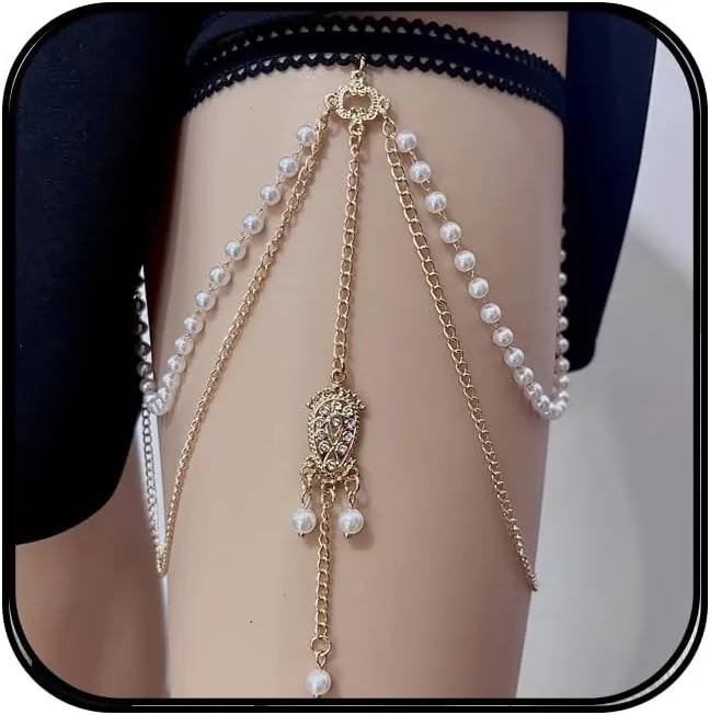Thigh Chain for Women Layered Pearl Leg Chain Gold Boho Stack Body Chain Rhinestone Thigh Chains Summer Beach Bikini Jewelry Holiday Party Accessories