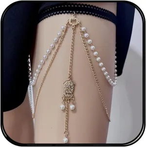 Thigh Chain for Women Layered Pearl Leg Chain Gold Boho Stack Body Chain Rhinestone Thigh Chains Summer Beach Bikini Jewelry Holiday Party Accessories