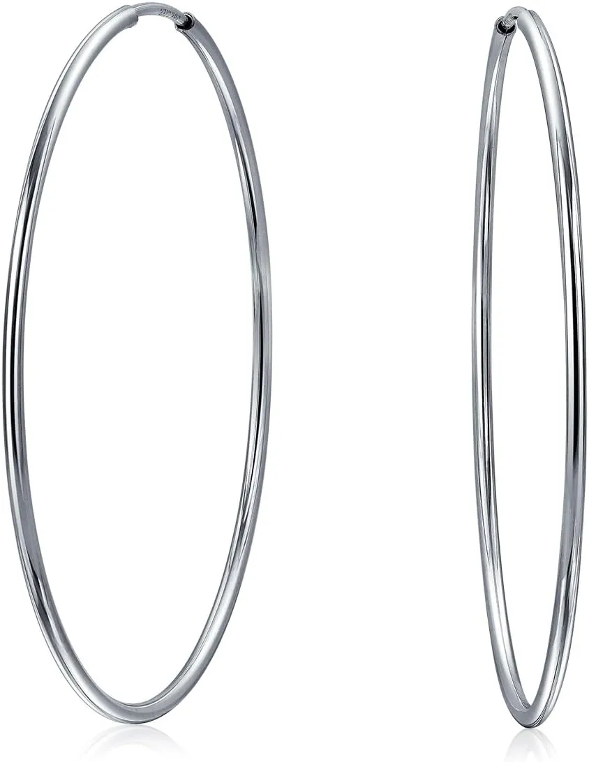 Thin Simple Minimalist Round Shaped Endless Continuous Tube Hoop Earrings For Women Teens .925 Sterling Silver.5, .75, 1, 1.5, 1.75, 2 Inch Diameter