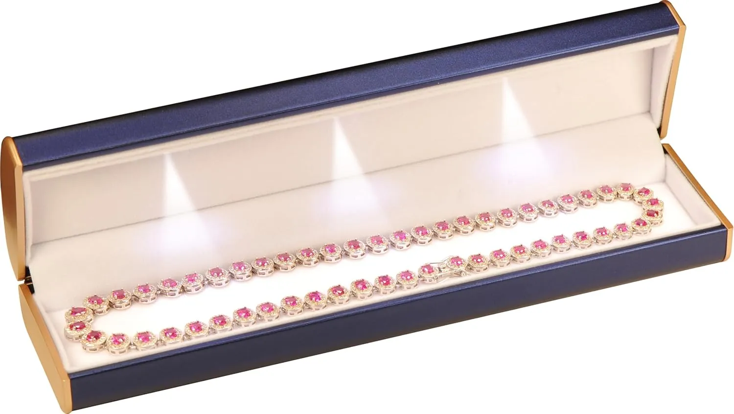 Three LED Lights Bracelet Box Luxury PU Leather Dome Top Designed with Gold Color Painted on the Sides Bracelet Necklace Anklet Jewelry Gift Storage Holder Box for Women for Men (Blue)