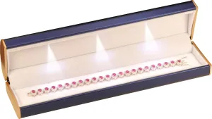 Three LED Lights Bracelet Box Luxury PU Leather Dome Top Designed with Gold Color Painted on the Sides Bracelet Necklace Anklet Jewelry Gift Storage Holder Box for Women for Men (Blue)