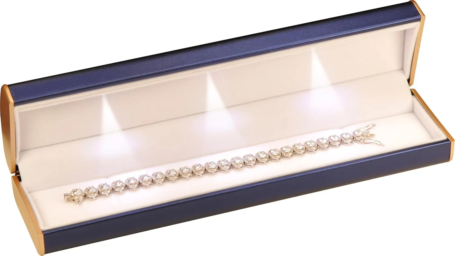 Three LED Lights Bracelet Box Luxury PU Leather Dome Top Designed with Gold Color Painted on the Sides Bracelet Necklace Anklet Jewelry Gift Storage Holder Box for Women for Men (Blue)