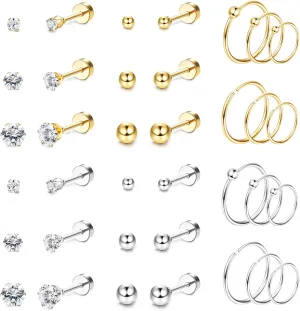 THUNARAZ Surgical Steel Tiny Stud Earrings for Women Hypoallergenic Flat Back Cartilage Earrings Cubic Zirconia Tiny Ball Earrings Hoops Conch Helix Cartilage Piercing Jewelry