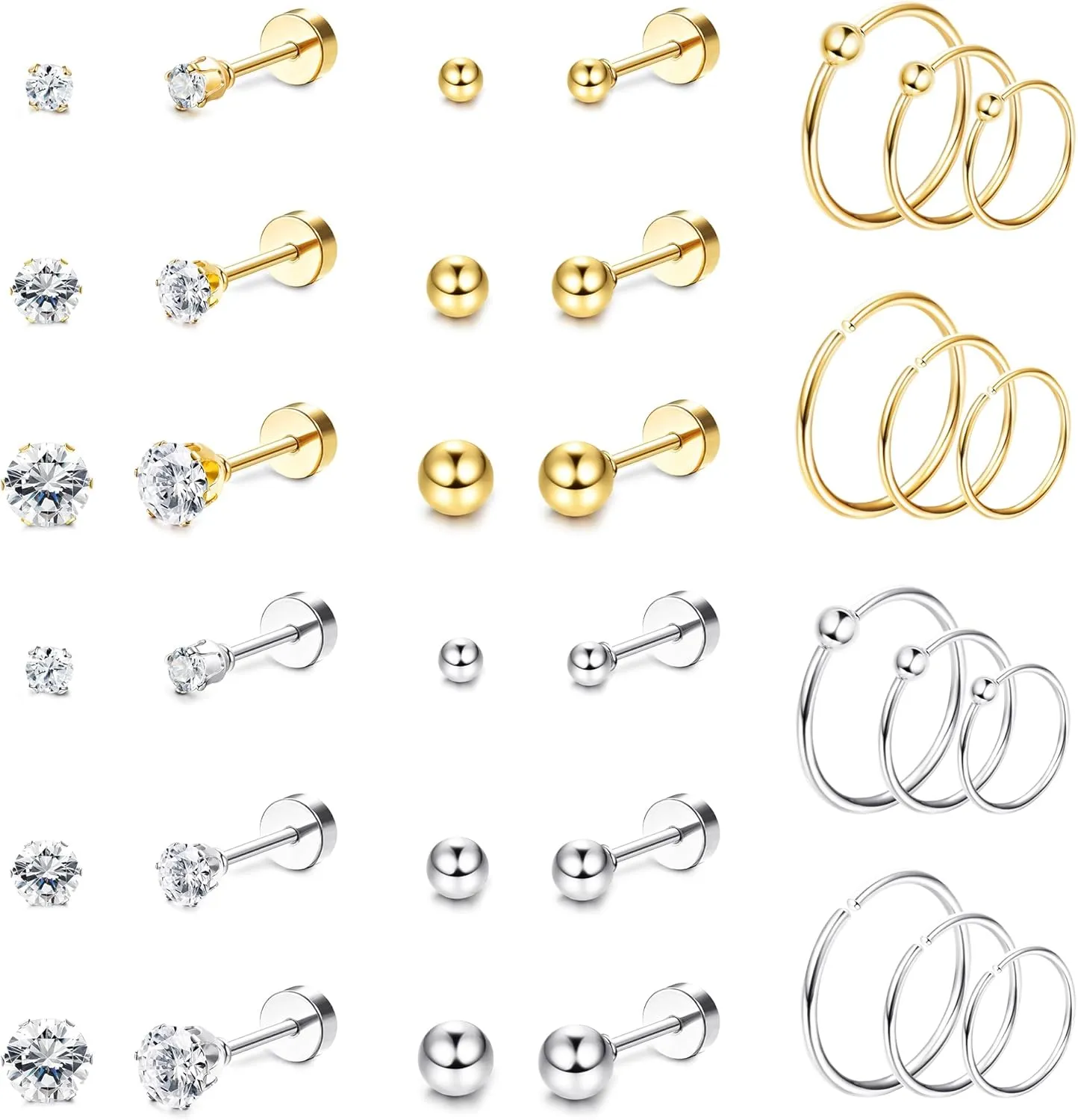 THUNARAZ Surgical Steel Tiny Stud Earrings for Women Hypoallergenic Flat Back Cartilage Earrings Cubic Zirconia Tiny Ball Earrings Hoops Conch Helix Cartilage Piercing Jewelry