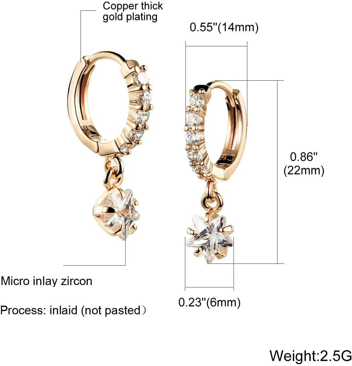 TIDOO 18K Gold Plated Sparkly Cubic Zirconia Drop Earrings For Women Small Crystal Dangle Earring Jewelry Star Shaped Earrings
