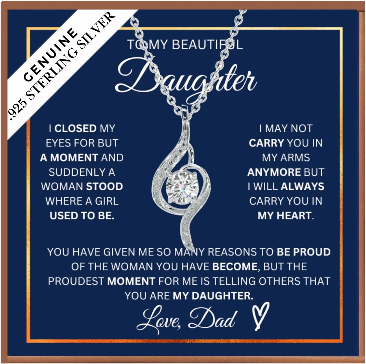 To My Daughter Necklace from Dad, Sterling Silver Daughter Gift