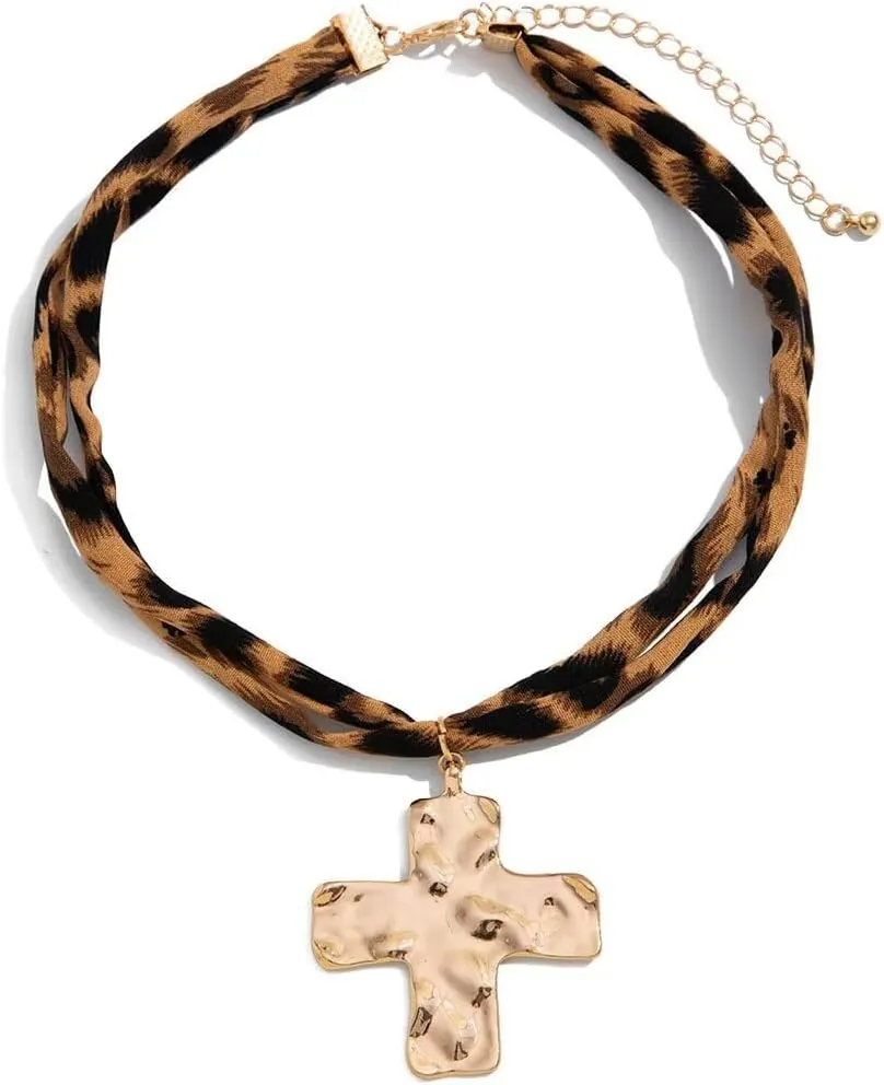 Todu Boho Necklace Leopard Print Golden Starfish Conch Flower Heart Cross Pandent Necklace Leopard Choker for Women Summer Beach Bohemian Jewelry