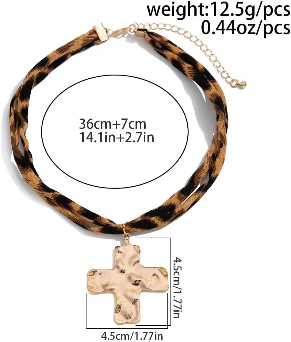Todu Boho Necklace Leopard Print Golden Starfish Conch Flower Heart Cross Pandent Necklace Leopard Choker for Women Summer Beach Bohemian Jewelry