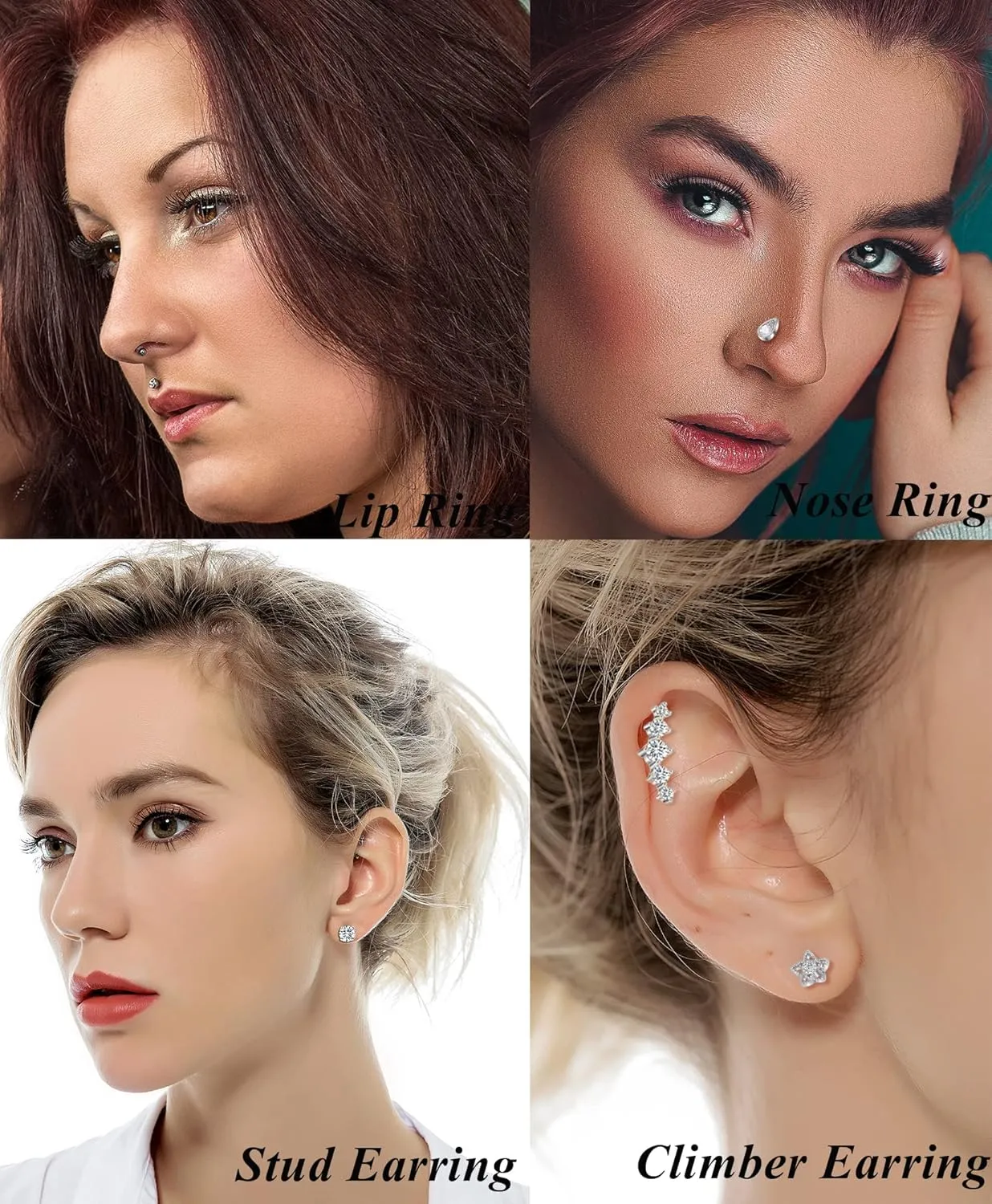 Tornito 9-30Pcs Cartilage CZ Stud Earrings Conch Forward Helix Tragus Daith Piercing Lip Rings Snake Heart Butterfly Jewelry for Women Men 16G Silver Gold Tone