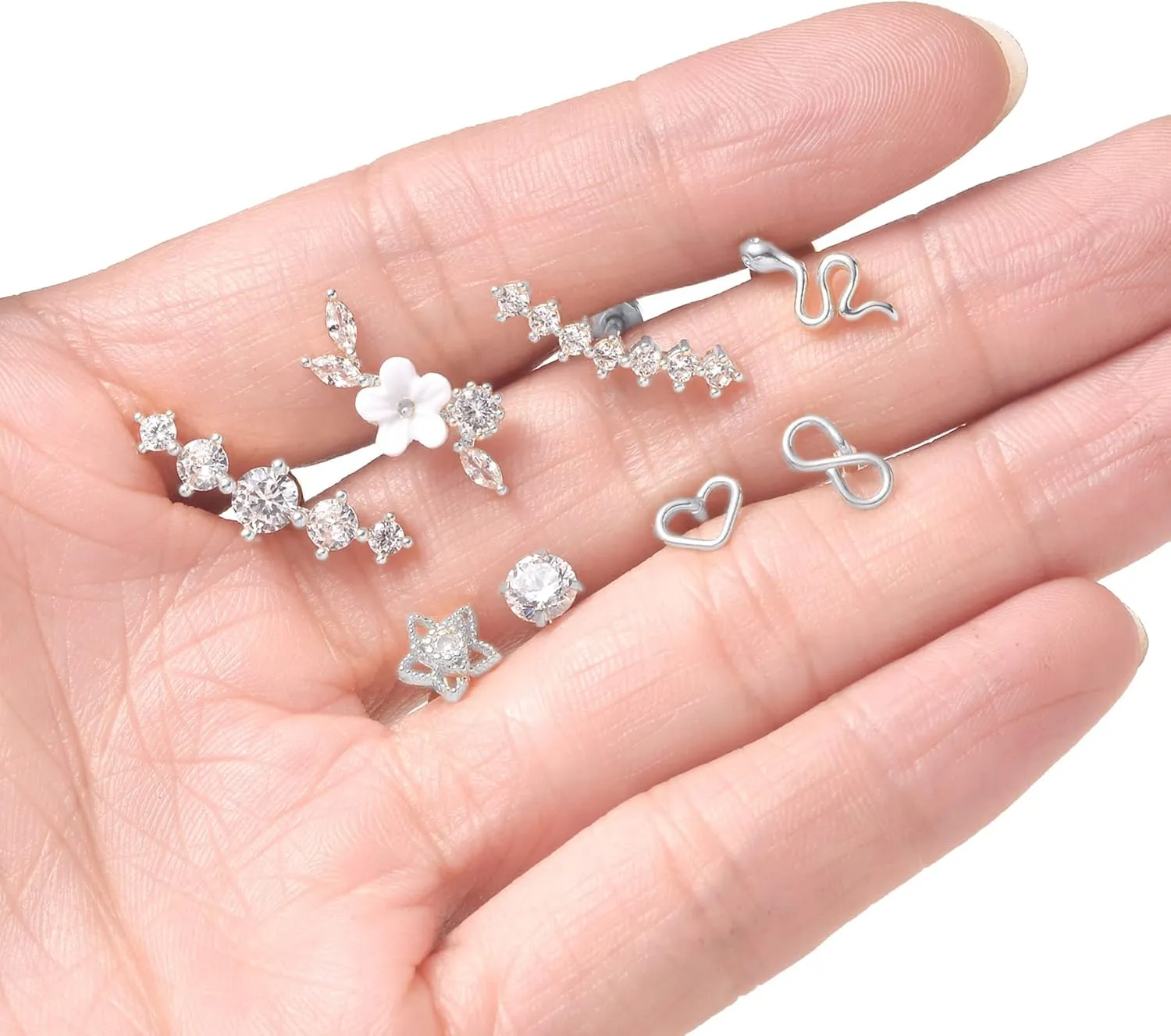 Tornito 9-30Pcs Cartilage CZ Stud Earrings Conch Forward Helix Tragus Daith Piercing Lip Rings Snake Heart Butterfly Jewelry for Women Men 16G Silver Gold Tone