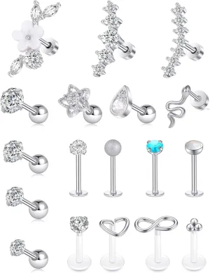 Tornito 9-30Pcs Cartilage CZ Stud Earrings Conch Forward Helix Tragus Daith Piercing Lip Rings Snake Heart Butterfly Jewelry for Women Men 16G Silver Gold Tone