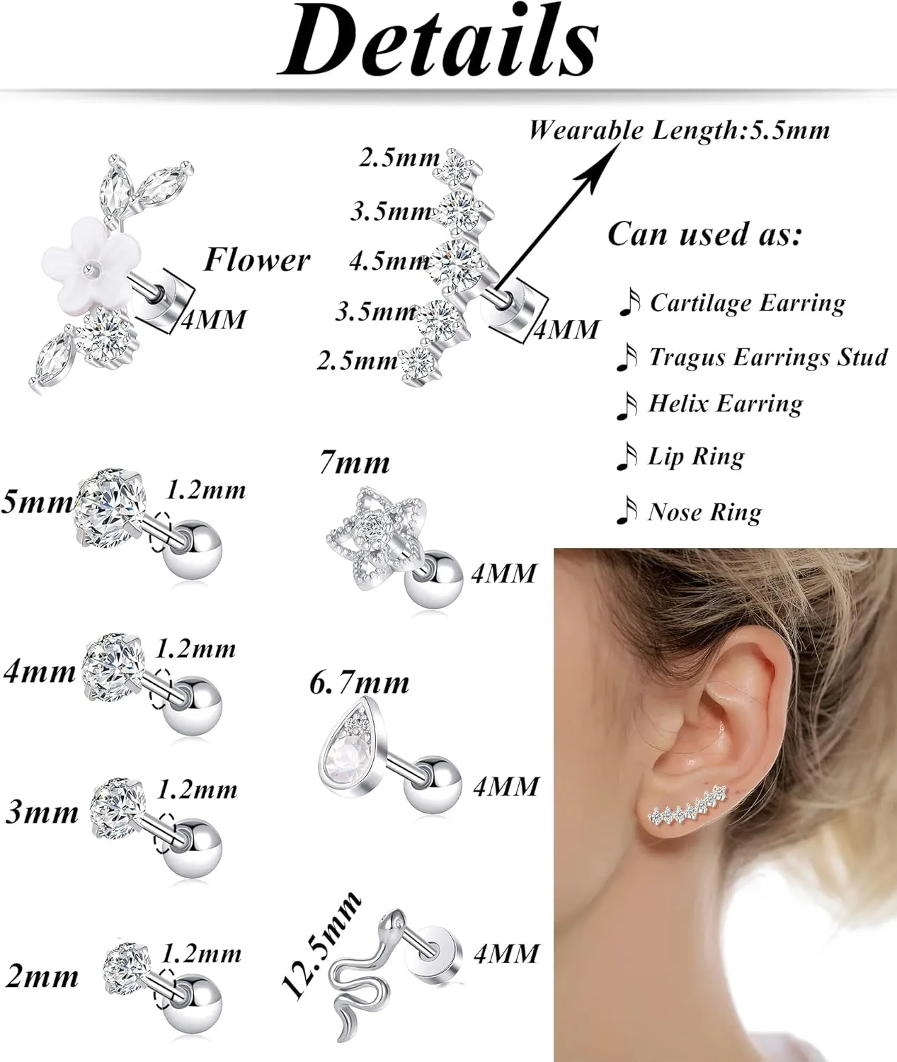 Tornito 9-30Pcs Cartilage CZ Stud Earrings Conch Forward Helix Tragus Daith Piercing Lip Rings Snake Heart Butterfly Jewelry for Women Men 16G Silver Gold Tone