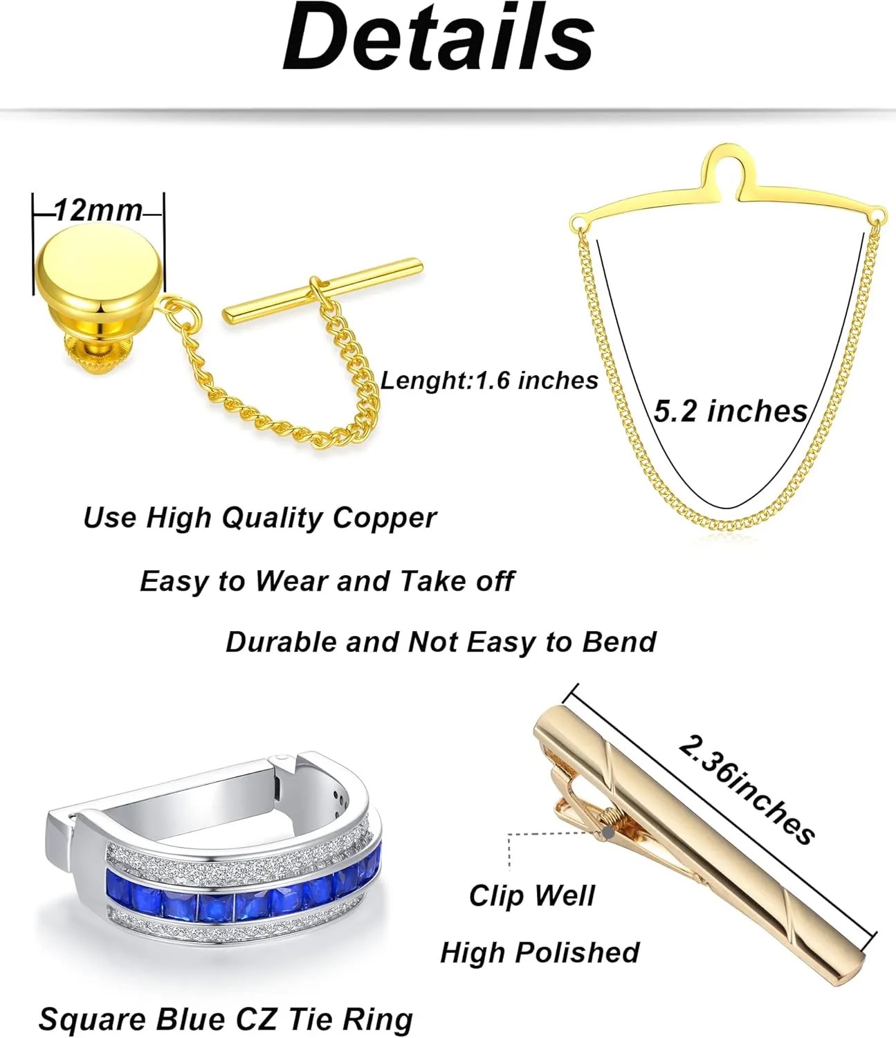 Tornito 9Pcs Tie Clips Tie Ring for Men Square CZ Tie Tacks Clutch with Chain Necktie Silver Black Gold Tie Clips Link Chain for Wedding Meeting Business Anniversary Tie Pin Clips