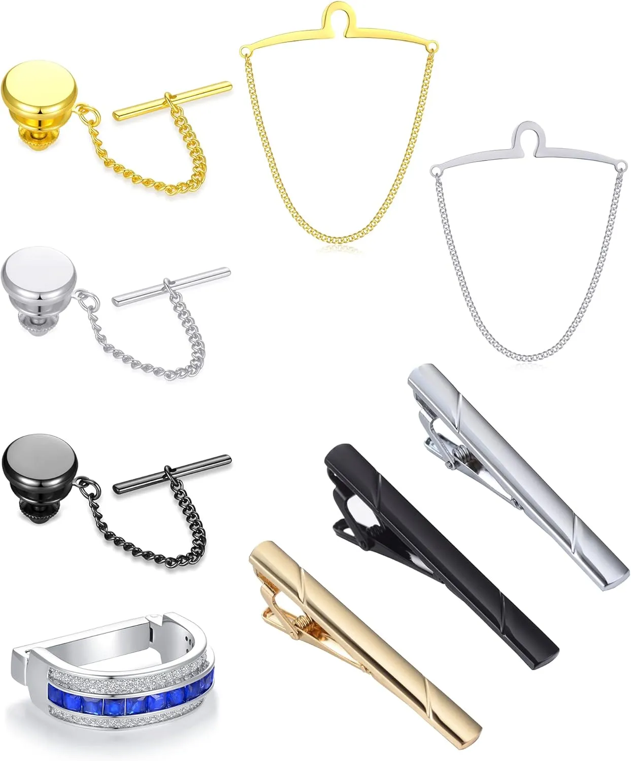 Tornito 9Pcs Tie Clips Tie Ring for Men Square CZ Tie Tacks Clutch with Chain Necktie Silver Black Gold Tie Clips Link Chain for Wedding Meeting Business Anniversary Tie Pin Clips