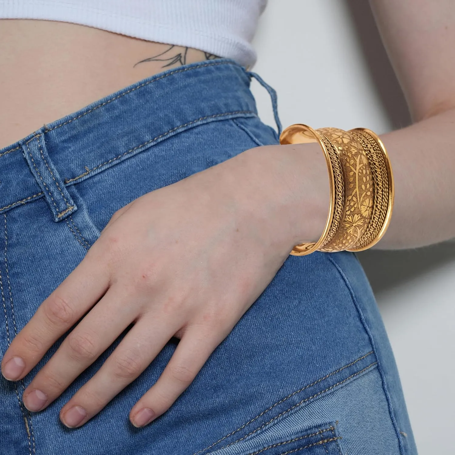 Touchstone Indian Bollywood Desire Brass Base Exotic Workmanship Free Size Cuff Bracelet in Antique Gold Or White Or Copper Tone for Women.