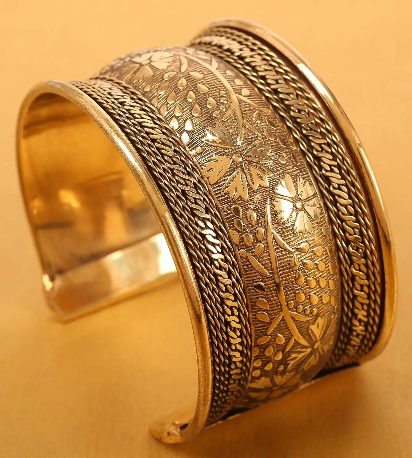Touchstone Indian Bollywood Desire Brass Base Exotic Workmanship Free Size Cuff Bracelet in Antique Gold Or White Or Copper Tone for Women.