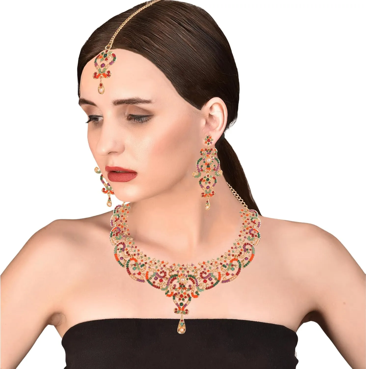 Touchstone Indian jewelry set for women bollywood gold jewellery wedding outfits necklace sets earrings bridal maang tikka fancy costume girls big desi accessories rhinestone in gold or silver tone