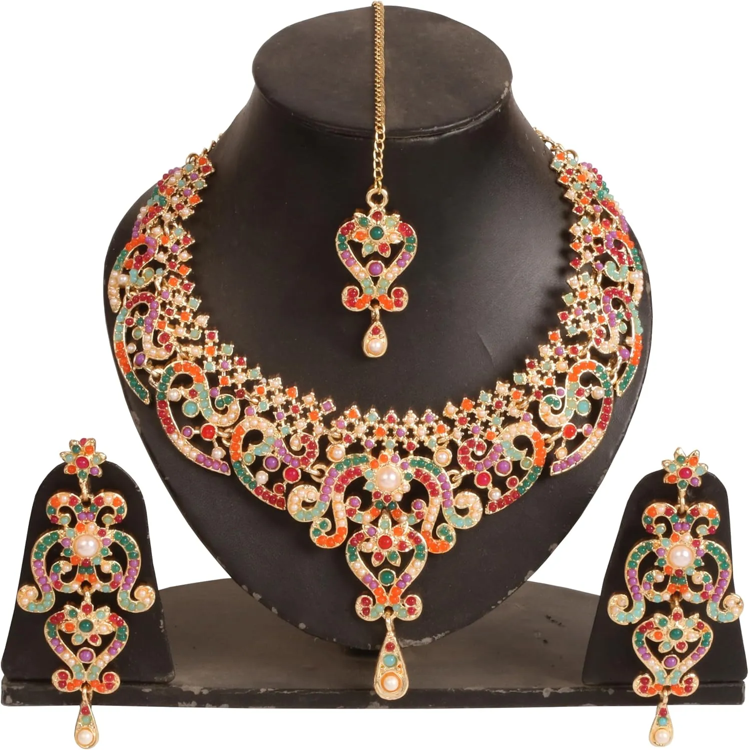 Touchstone Indian jewelry set for women bollywood gold jewellery wedding outfits necklace sets earrings bridal maang tikka fancy costume girls big desi accessories rhinestone in gold or silver tone