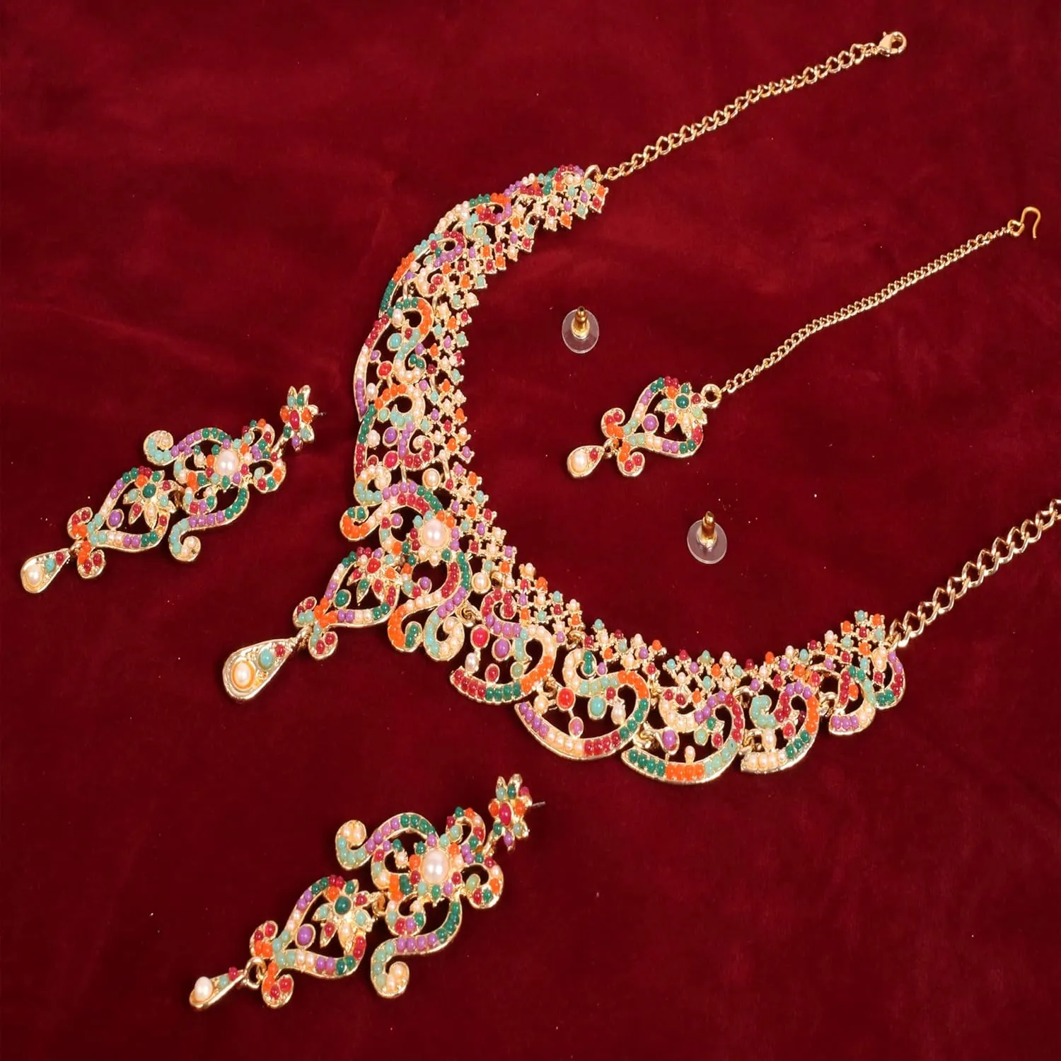 Touchstone Indian jewelry set for women bollywood gold jewellery wedding outfits necklace sets earrings bridal maang tikka fancy costume girls big desi accessories rhinestone in gold or silver tone