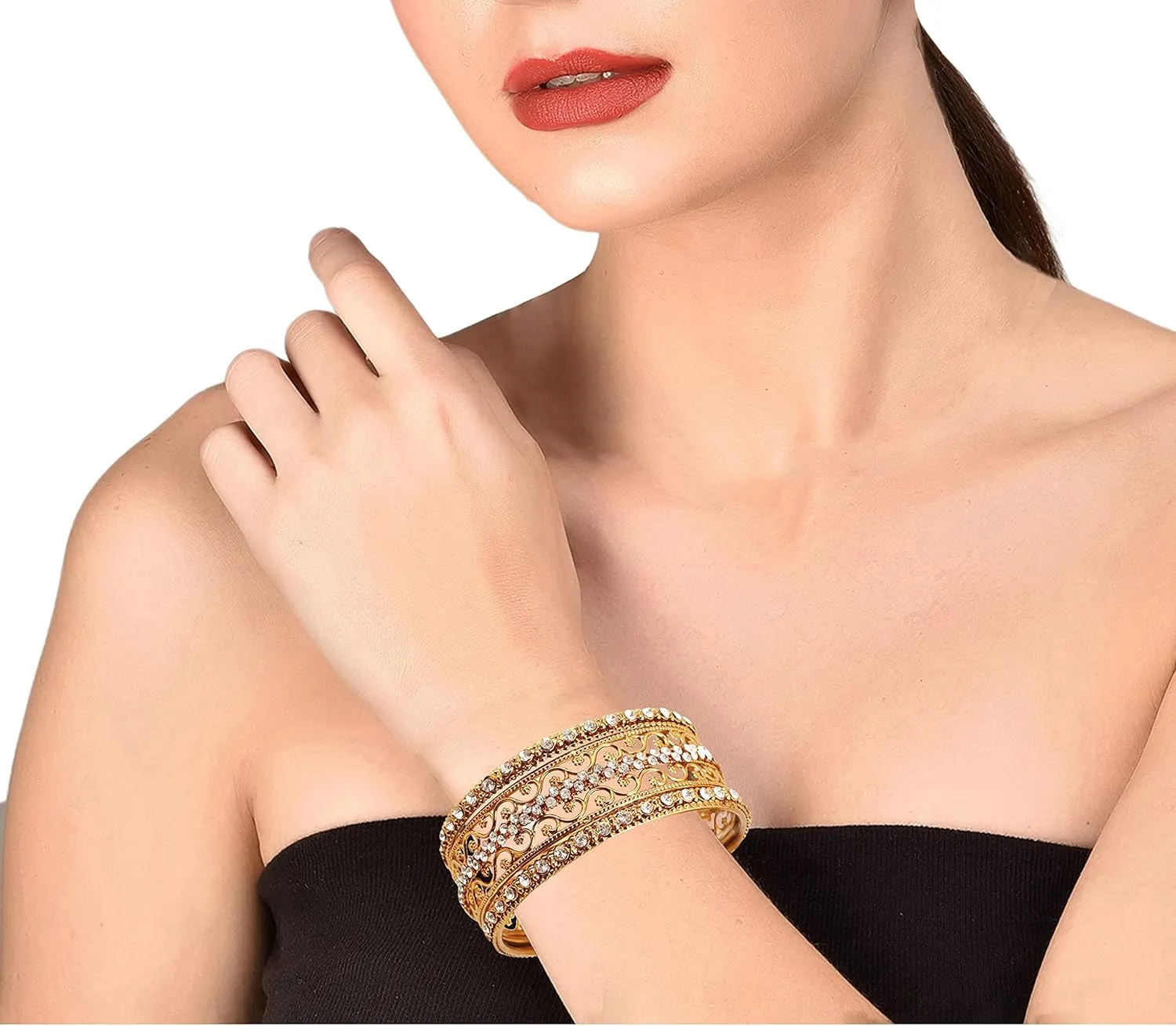 Touchstone "Golden Bangle Collection Indian Bollywood Rhinestones Grain Work Designer Jewelry Thick Bangle Bracelets for Women in Antique Gold Or White Tone.