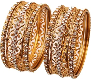 Touchstone "Golden Bangle Collection Indian Bollywood Rhinestones Grain Work Designer Jewelry Thick Bangle Bracelets for Women in Antique Gold Or White Tone.