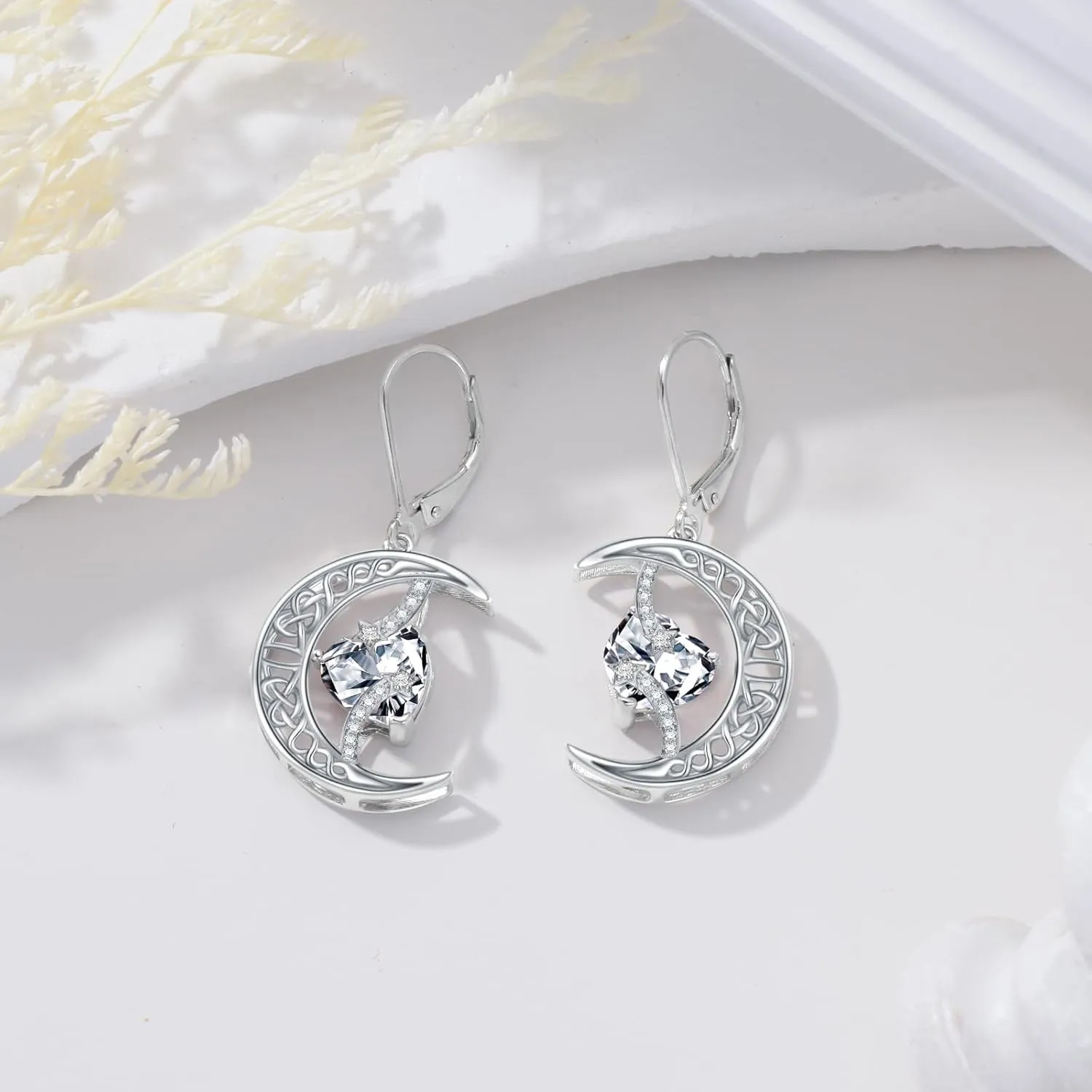 TOUPOP Moon and Star Birthstone Earrings 925 Sterling Silver Celtic Moon Drop Dangle Earrings Jewelry Anniversary Birthday Mothers Day Gifts for Women Her Girlfriend Mom