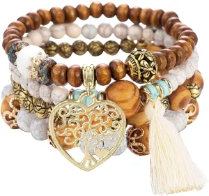 Tree of Love for Women Bracelet Bohemian stretch wood bead bracelet Bohemian tassel bracelet for women Multi-layer stackable bracelet Women's Christmas Birthday Jewelry.
