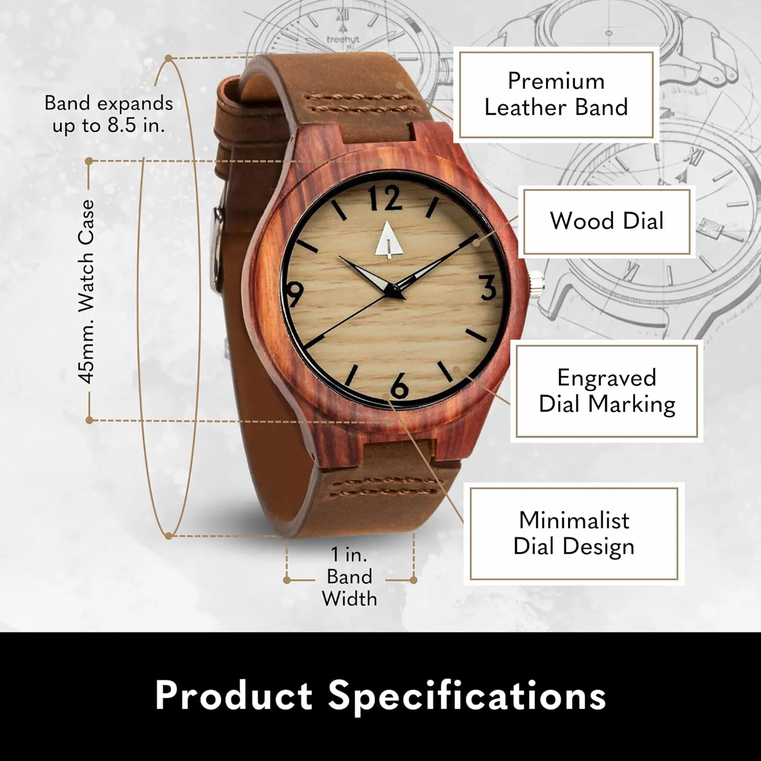 Treehut Wooden Watches for Men, Japanese Miyota Movement, Stylish Exotic Wrist Watch with Adjustable Stainless Steel Buckle, Leather Straps, Watch Made Real Bamboo Wood, Relojes para Hombre