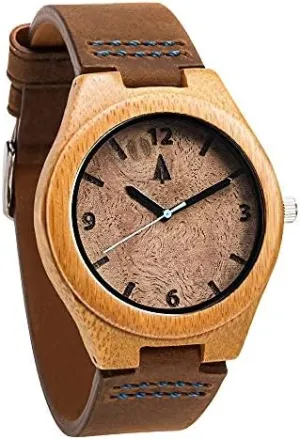 Treehut Wooden Watches for Men, Japanese Quartz Movement, Stylish Exotic Wrist Watch with Adjustable Stainless Steel Buckle, Leather Straps, Watch Made from Bamboo Wood, Relojes para Hombre