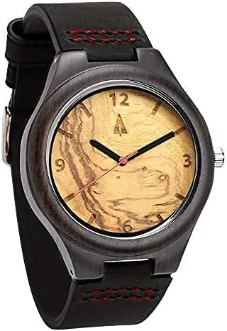 Treehut Wooden Watches for Men, Japanese Quartz Movement, Stylish Exotic Wrist Watch with Adjustable Stainless Steel Buckle, Leather Straps, Watch Made from Ebony Wood, Relojes para Hombre