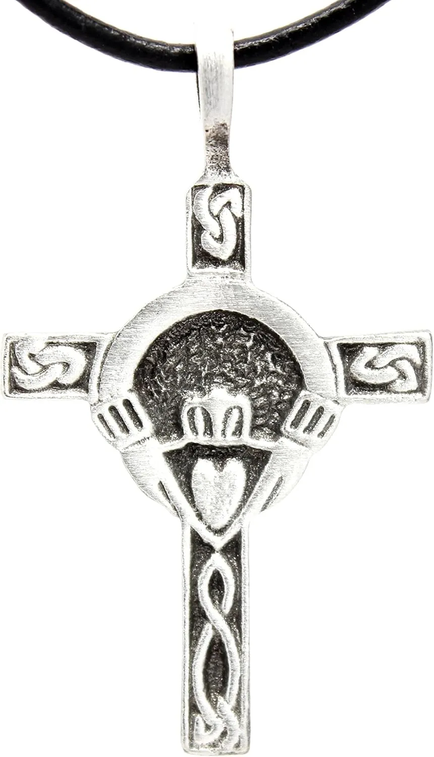 Trilogy Jewelry Pewter Claddagh Cross Irish Pendant on Leather Necklace