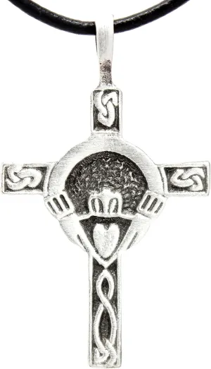 Trilogy Jewelry Pewter Claddagh Cross Irish Pendant on Leather Necklace