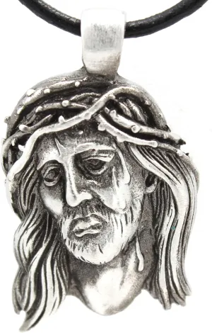 Trilogy Jewelry Pewter Jesus with Crown of Thorns Pendant on Leather Necklace