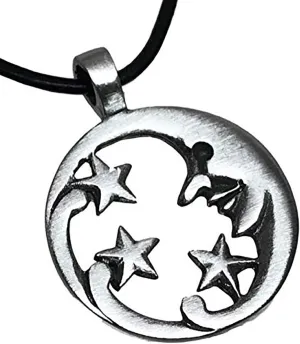 Trilogy Jewelry Pewter Moon Face with Stars Celestial Lunar Solar Pendant, Leather Necklace