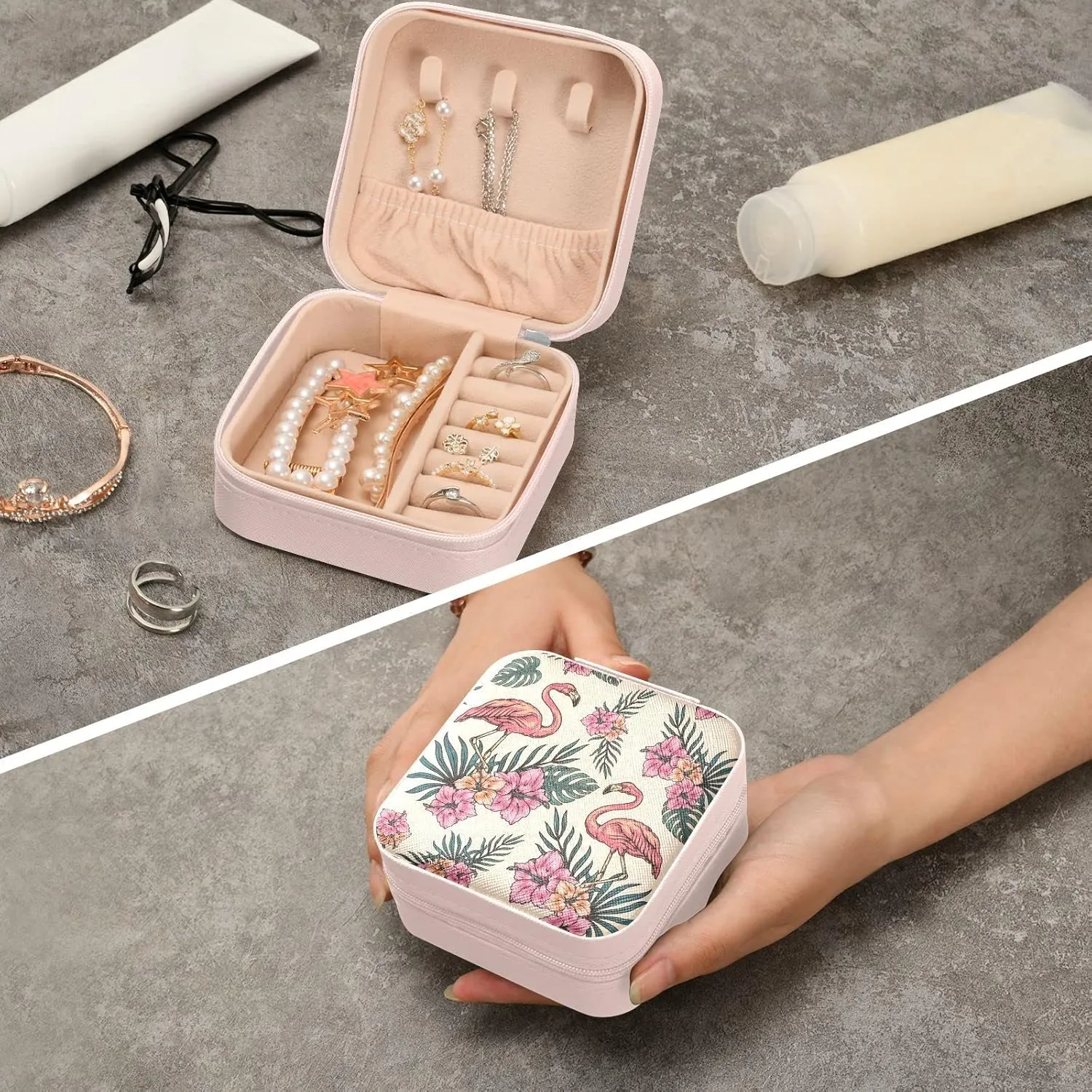 Tropical Flamingo Hibiscus Jewelry Box Organizer Travel Jewelry Case Birds Palm Leaves Flowers Florals Small Jewelry Storage Holder for Ring Pendant Earring Necklace Bracelet, Gift for Women