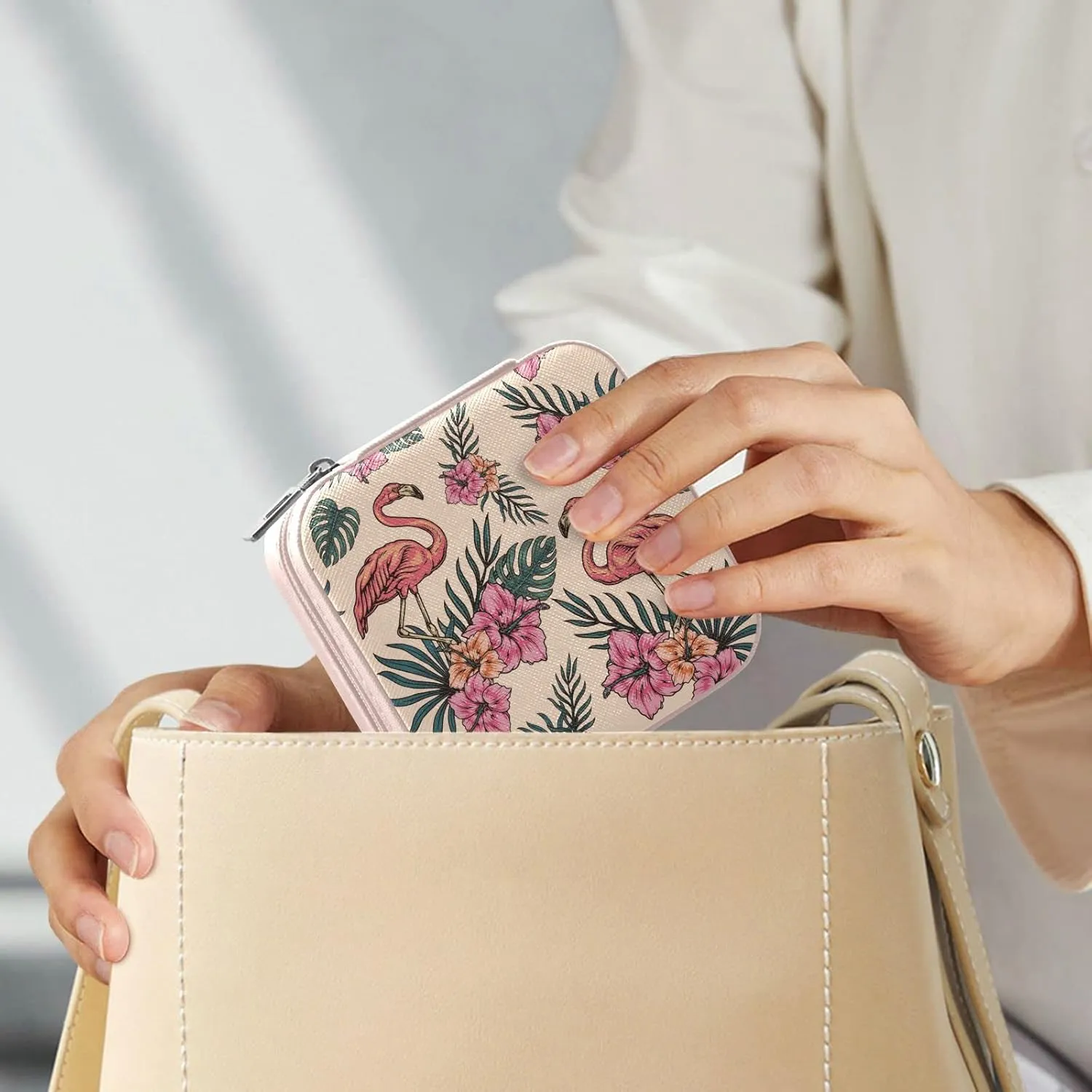 Tropical Flamingo Hibiscus Jewelry Box Organizer Travel Jewelry Case Birds Palm Leaves Flowers Florals Small Jewelry Storage Holder for Ring Pendant Earring Necklace Bracelet, Gift for Women