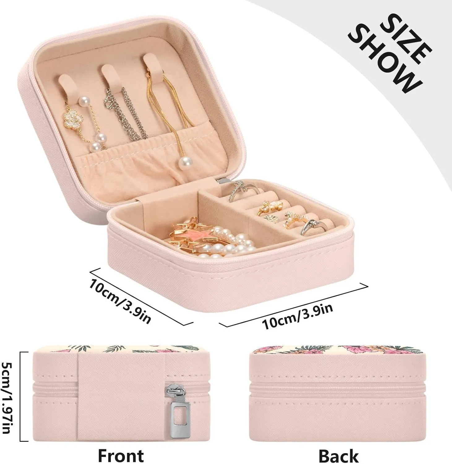 Tropical Flamingo Hibiscus Jewelry Box Organizer Travel Jewelry Case Birds Palm Leaves Flowers Florals Small Jewelry Storage Holder for Ring Pendant Earring Necklace Bracelet, Gift for Women