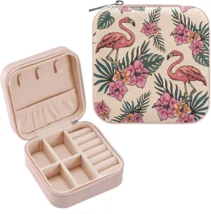 Tropical Flamingo Hibiscus Jewelry Box Organizer Travel Jewelry Case Birds Palm Leaves Flowers Florals Small Jewelry Storage Holder for Ring Pendant Earring Necklace Bracelet, Gift for Women