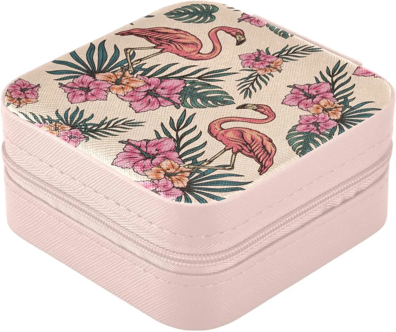 Tropical Flamingo Hibiscus Jewelry Box Organizer Travel Jewelry Case Birds Palm Leaves Flowers Florals Small Jewelry Storage Holder for Ring Pendant Earring Necklace Bracelet, Gift for Women