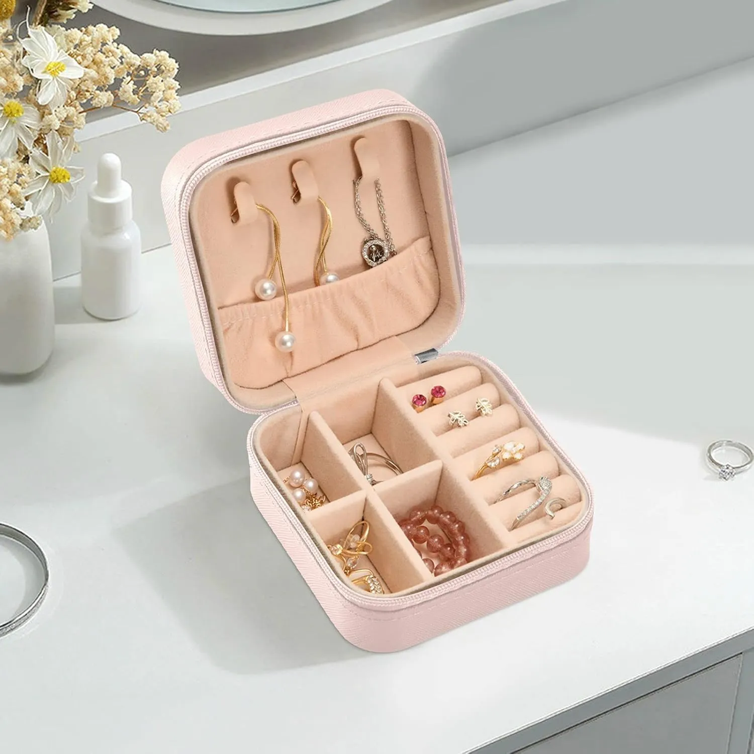Tropical Flamingo Hibiscus Jewelry Box Organizer Travel Jewelry Case Birds Palm Leaves Flowers Florals Small Jewelry Storage Holder for Ring Pendant Earring Necklace Bracelet, Gift for Women
