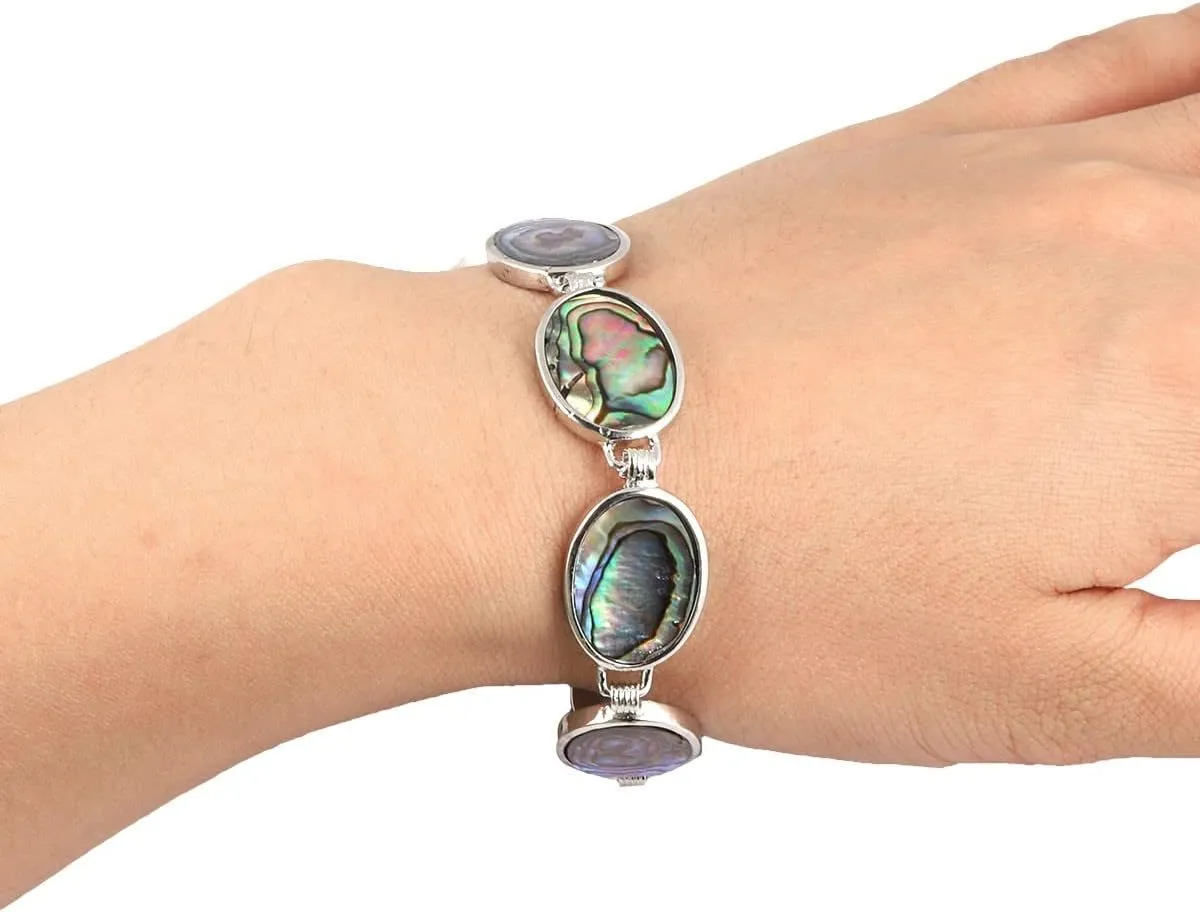 TUMBEELLUWA Natural Abalone Shell Bracelet for Unisex, Rainbow Sea Shell Bangle with Adjustable Link