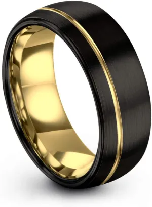 Tungsten Wedding Band Ring 8mm for Men Women 18k Rose Yellow Gold Plated Dome Off Set Line Black Brushed Polished