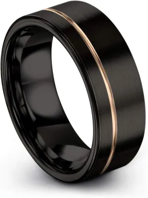 Tungsten Wedding Band Ring 8mm for Men Women 18k Rose Yellow Gold Plated Flat Cut Off Set Line Black Brushed Polished