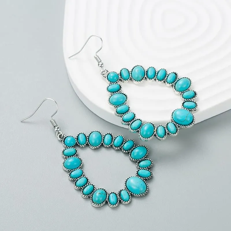 Turquoise Bohemian Dangle Metal Large Oval Earrings Statement Teardrop Earrings Western Earrings for Women