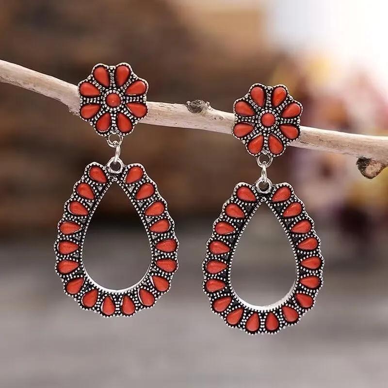 Turquoise Bohemian Dangle Metal Large Oval Earrings Statement Teardrop Earrings Western Earrings for Women
