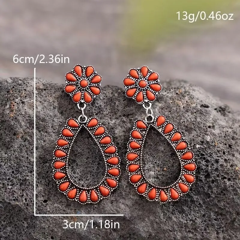 Turquoise Bohemian Dangle Metal Large Oval Earrings Statement Teardrop Earrings Western Earrings for Women