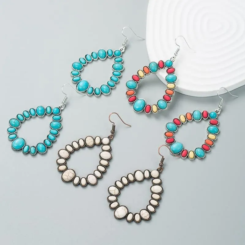 Turquoise Bohemian Dangle Metal Large Oval Earrings Statement Teardrop Earrings Western Earrings for Women