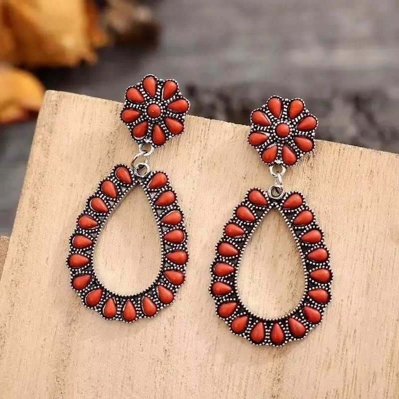 Turquoise Bohemian Dangle Metal Large Oval Earrings Statement Teardrop Earrings Western Earrings for Women